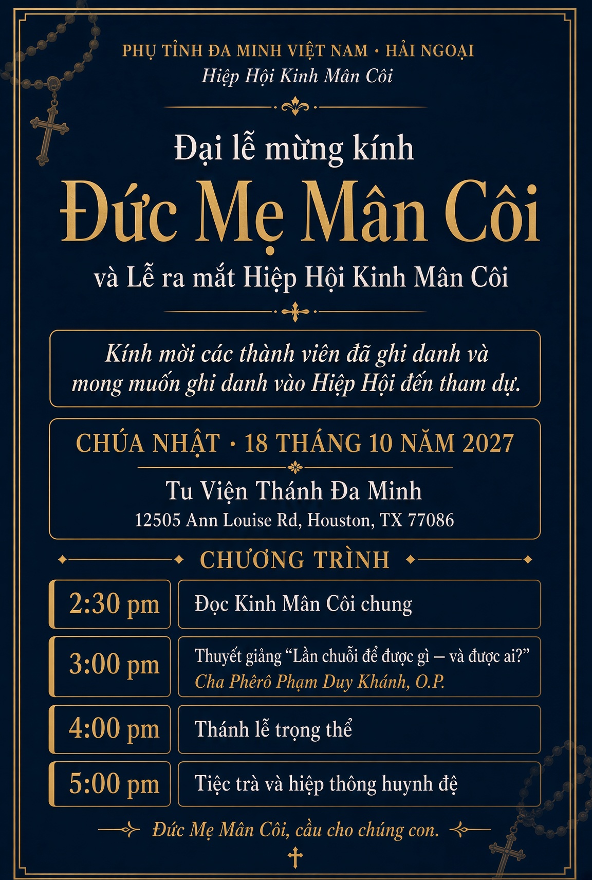 Thánh lễ mừng kính Đức Mẹ Mân Côi 2026