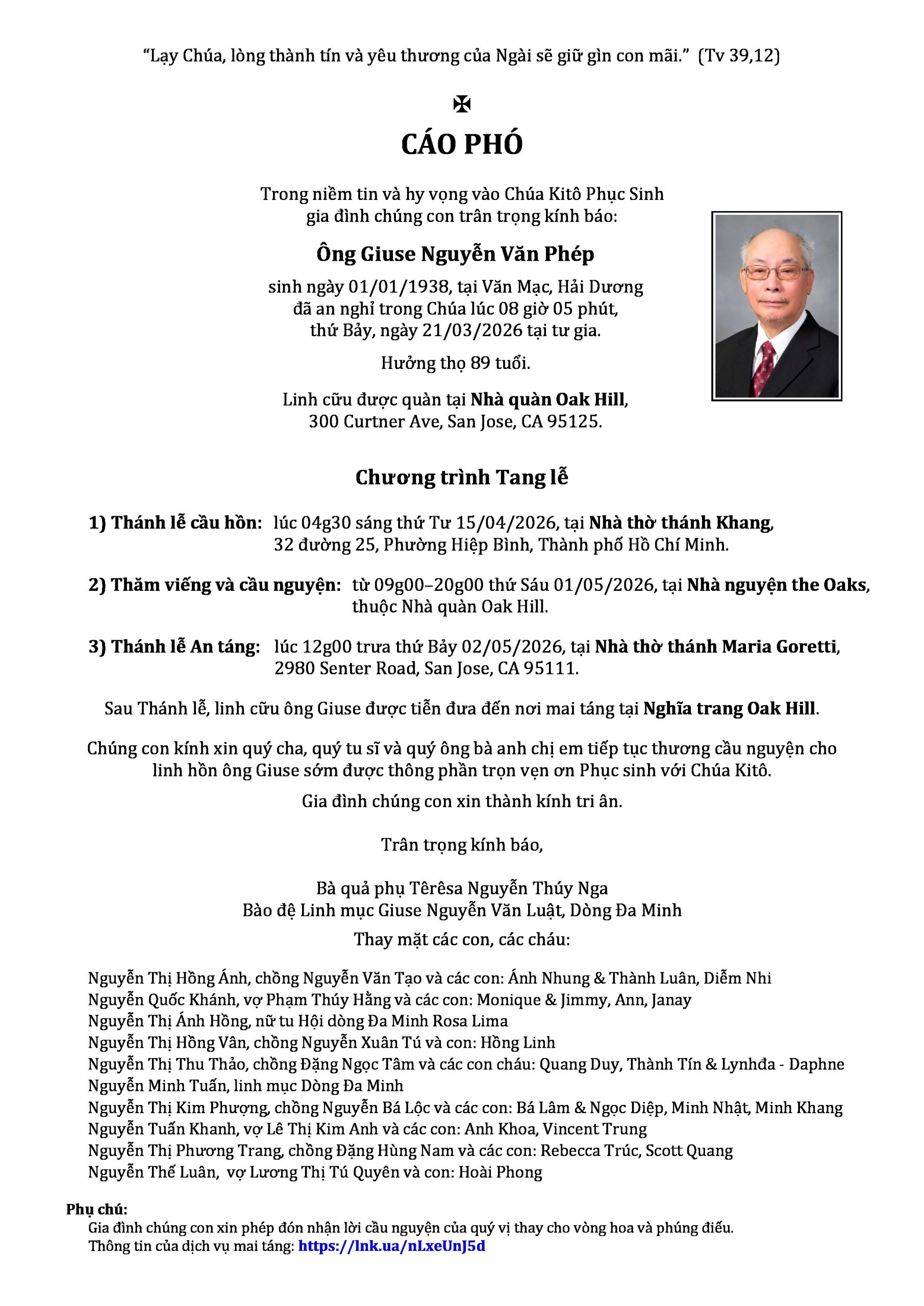 RIP: Ông cố Giuse Nguyễn Văn Phép, thân phụ cha Phaolô Nguyễn Minh Tuấn O.P.