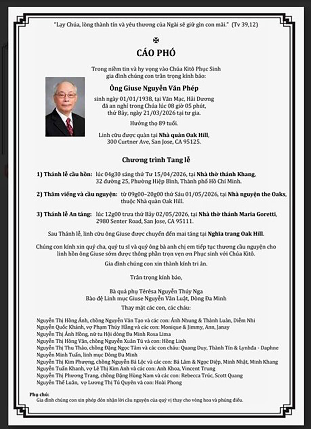 RIP: Ông cố Giuse Nguyễn Văn Phép, thân phụ cha Phaolô Nguyễn Minh Tuấn O.P.