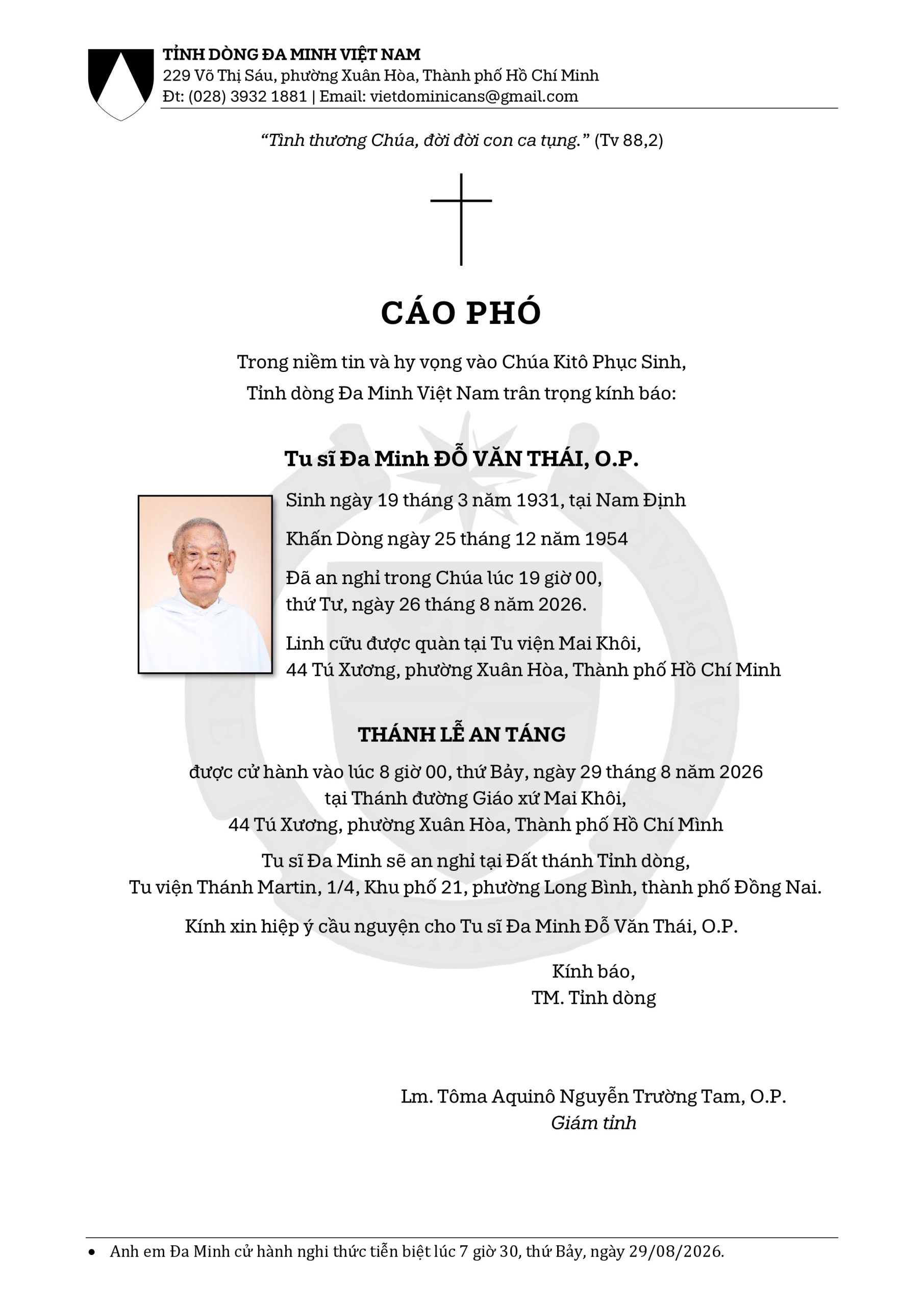 RIP: Tu sĩ Đa Minh ĐỖ VĂN THÁI OP về Nhà Cha