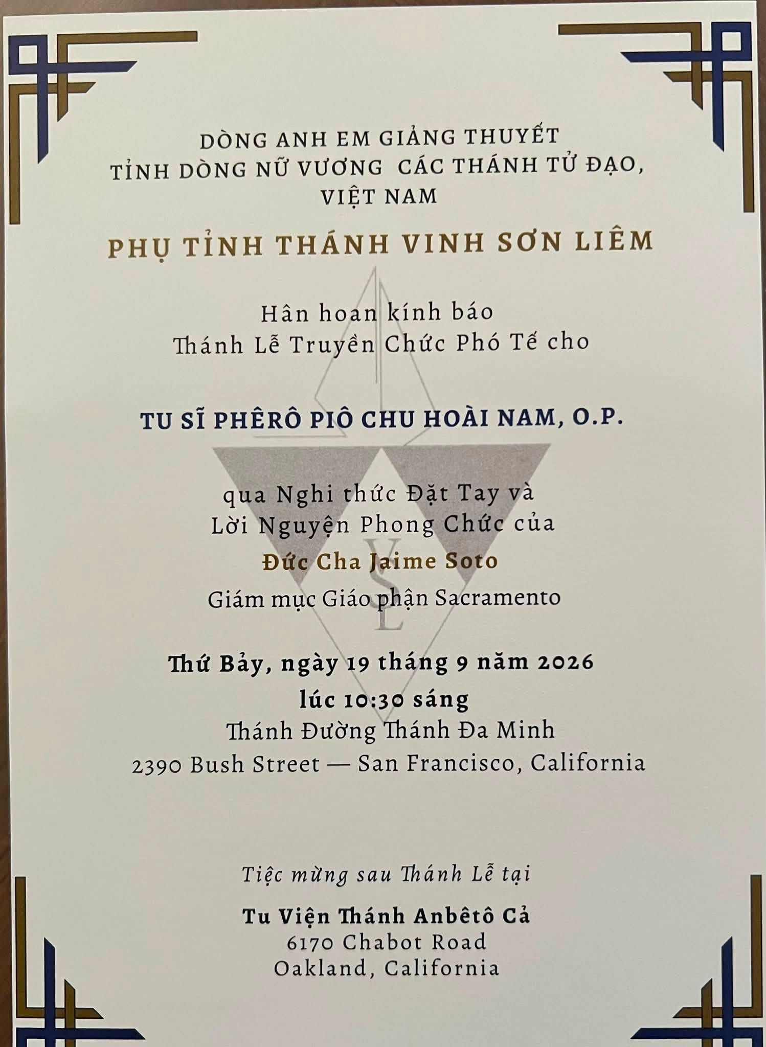 Thư mời: Thánh lễ Truyền chức Phó tế thầy Chu Hoài Nam O.P.