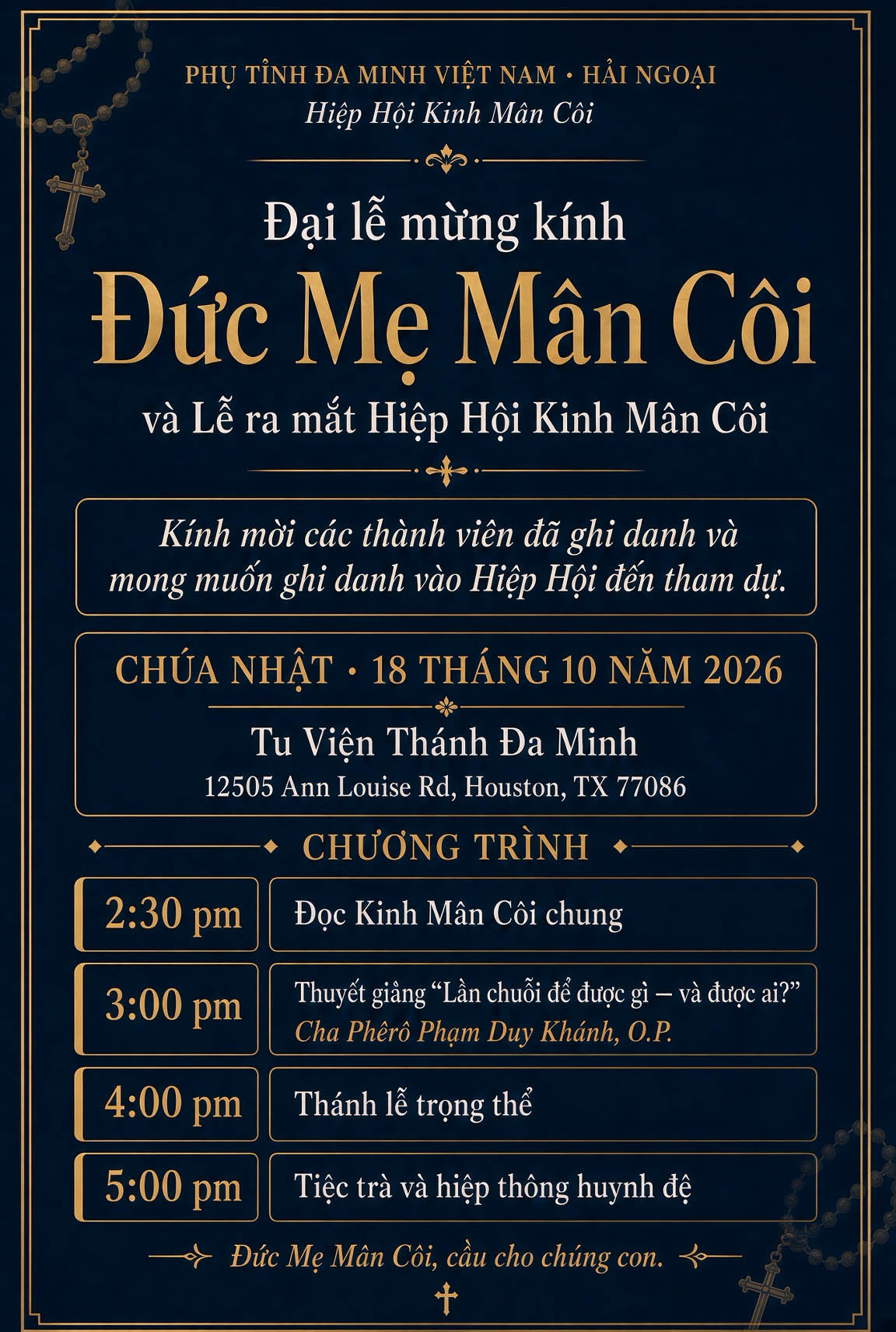 Thánh lễ mừng kính Đức Mẹ Mân Côi 2026